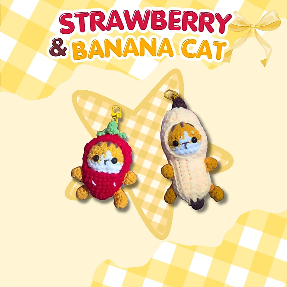 Amigurumi Strawberry & Banana Cat | Cute Cat Keychain | Gantungan Kunci Lucu | Amigurumi Crochet Key