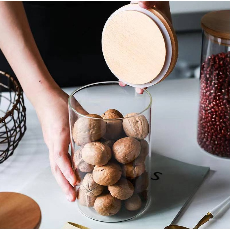 Toples Kaca  Makanan Transparan Penyimpanan Storage Jar Kedap Udara Tutup  Dengan Tutup Kayu