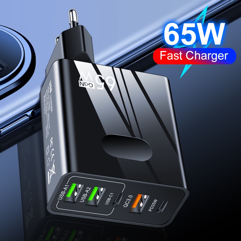 65w GaN USB travel Charger Quick Charging Type C 2PD+3USB Adaptor Dinding Pengisian Cepat Untuk i-Phone Android Adoptor Charger