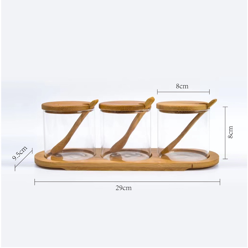 【RUMATIDY】Tempat Bumbu Dapur Borosilicate 3in1 Dengan Alas Tatakan dan Sendok Kayu Toples Bumbu Garam Gula Merica