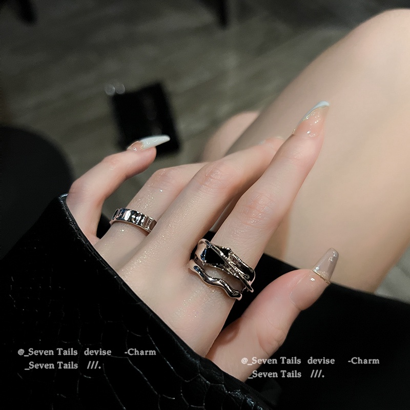 YEEZII Silver Ring Set for Women Black Zircon Index Finger Rings Accessories Jewelry