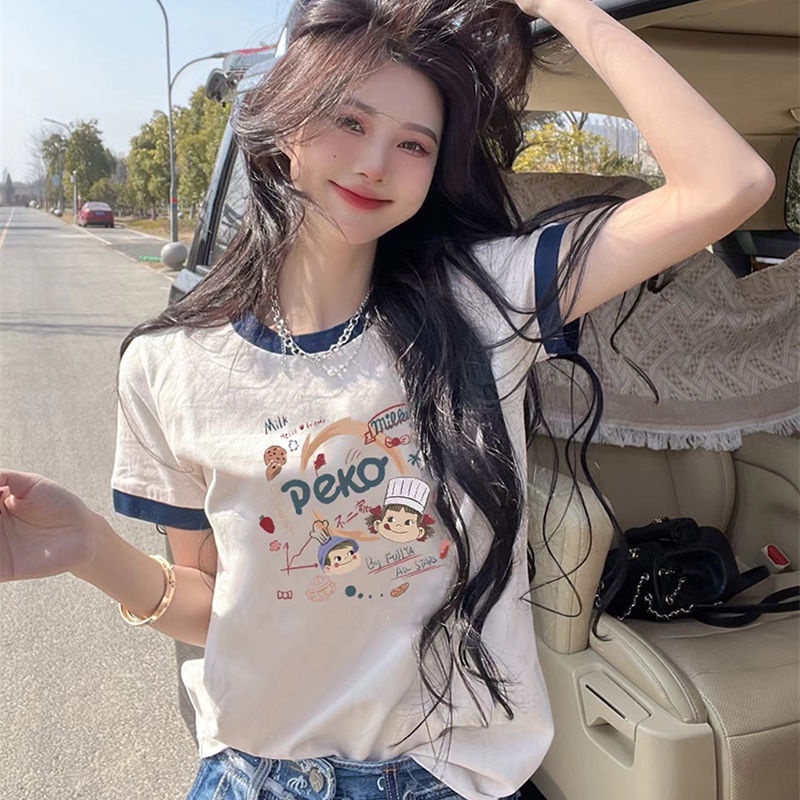 Red 2022 Musim Panas Baru Putih Lengan Pendek T-shirt Wanita Bahu Depan Katun Murni Longgar All-Match Warna Kontras Geometris setengah Lengan T-shirt Tide