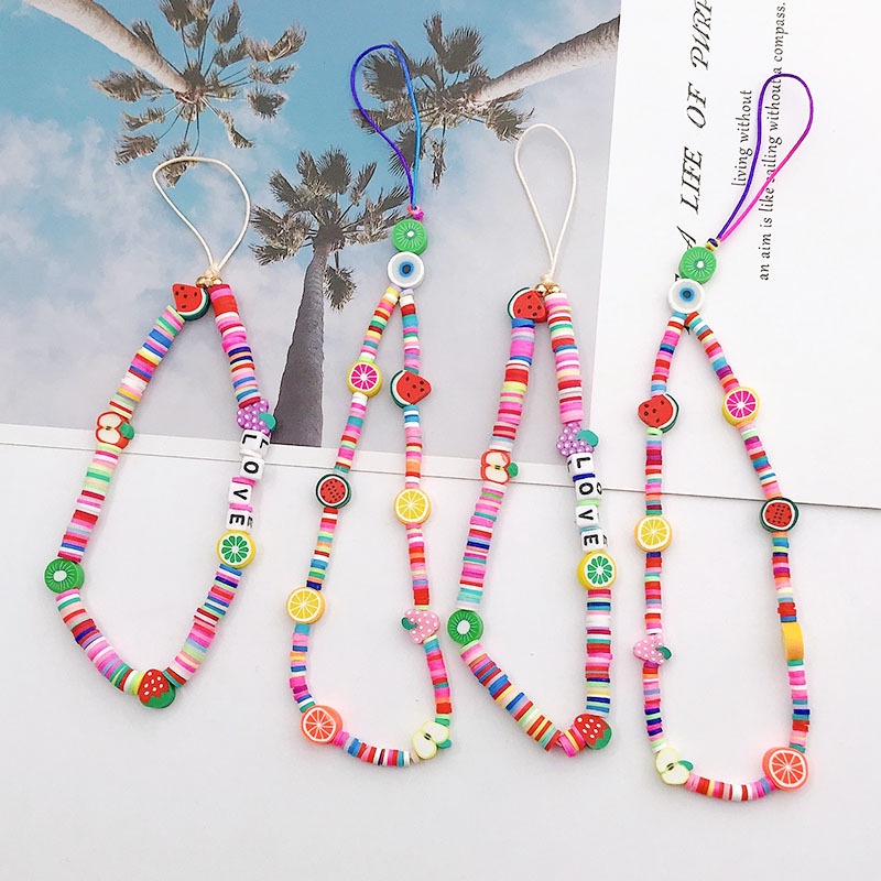 Permen Warna Kartun Buah Tanah Liat Lembut Manik-Manik Lingkaran Tidak Teratur Rantai Anti Hilang Untuk iPhone Android OPPO VIVO Huawei Xiaomi Redmi Samsung Semua Ponsel Earphone Case DIY