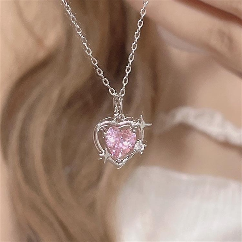 Fashion Peach Hati Tetesan Air Liontin Kalung Perhiasan Merah Muda Kristal Manis Keren Klavikula Rantai Wanita Necklaces