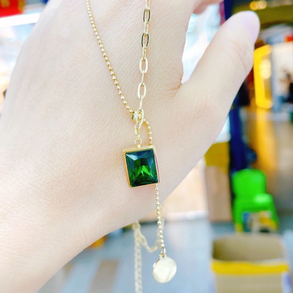 Rinhoo Baja titanium Persegi Zamrud Potongan Bulat Rumbai Liontin Kerah Rantai Kalung Wanita Yang Modis Dan Elegan Liontin Kalung