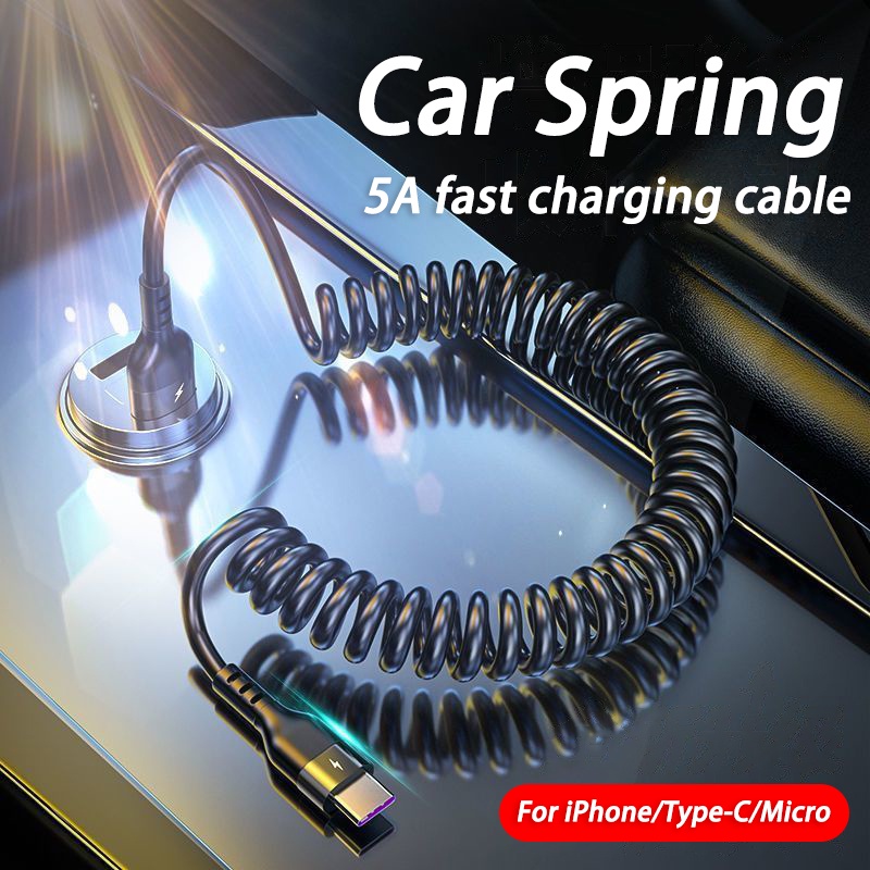 3in1 66W 5A Kabel Pengisian Cepat 3A Tipe C USB Micro Spring Charging line 1.8M Spring Retractable USB Car Charging Cables