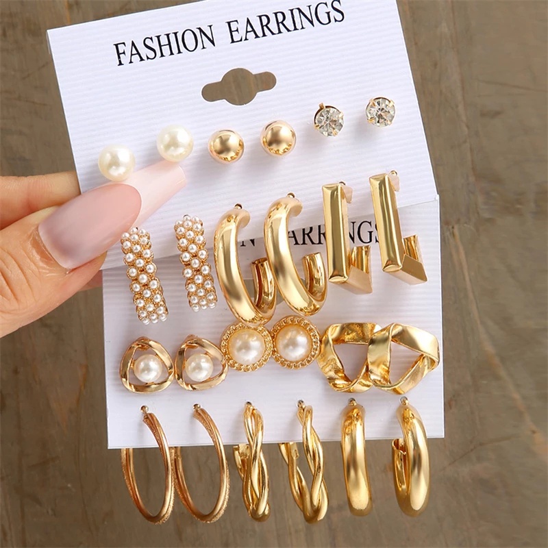 Anting Hoop Mutiara Emas Perak Vintage Untuk Wanita Kupu-Kupu Geometri Memutar Anting set Perhiasan Aksesoris