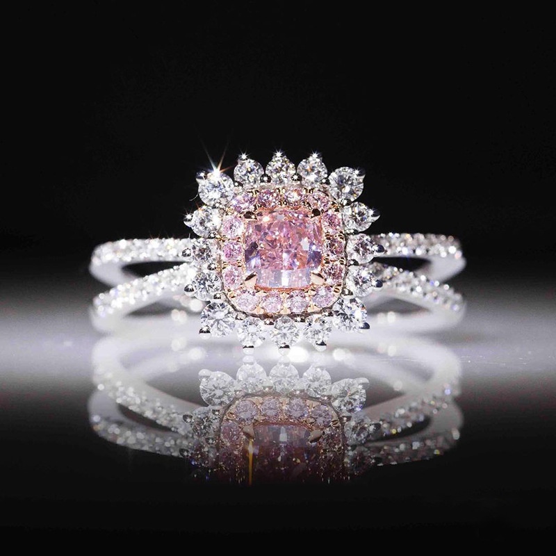 Goldkingdom Aksesoris Perhiasan Fashion Ready Stock Dua Warna Electroplating Color Pink Diamond Carat Color Diamond Wedding Ring Cincin Berlian Perempuan