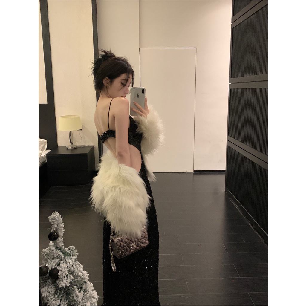Red Suspender payet hitam gaun wanita musim semi rasa desain rok gaun hitam buka kembali seksi temperamen tas pinggul rok panjang
