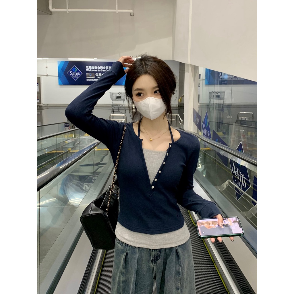 Red Jahitan gaya pendek baru slim fit palsu dua potong kaos wanita lengan panjang 2023 musim semi bottoming kemeja dengan top in