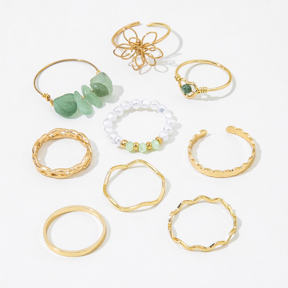 9pcs/set Bohemian Fashion Style Cincin Manik-Manik Kristal Hollow Bunga Hati Hijau Batu Alam Rings Jewelry Untuk Wanita