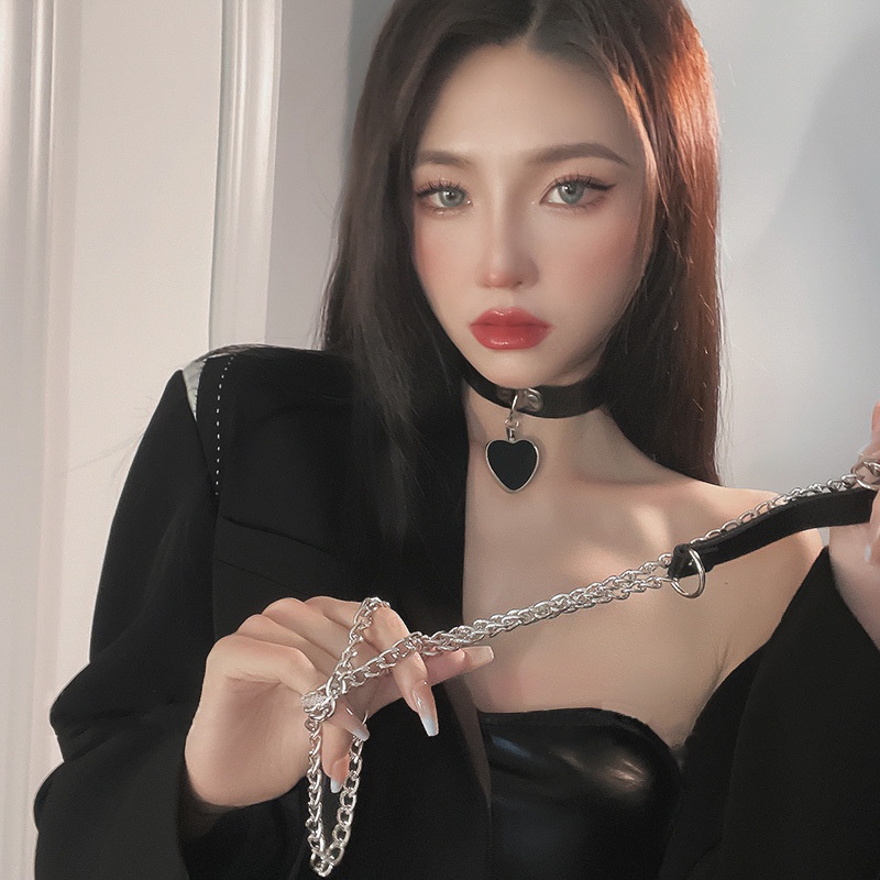 Harajuku Seksi Kulit PU Cinta Hati Liontin Choker Traksi Tali Logam Link Rantai Kalung Pesta Perhiasan Accossories