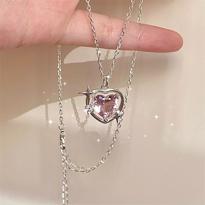 Fashion Peach Hati Tetesan Air Liontin Kalung Perhiasan Merah Muda Kristal Manis Keren Klavikula Rantai Wanita Necklaces