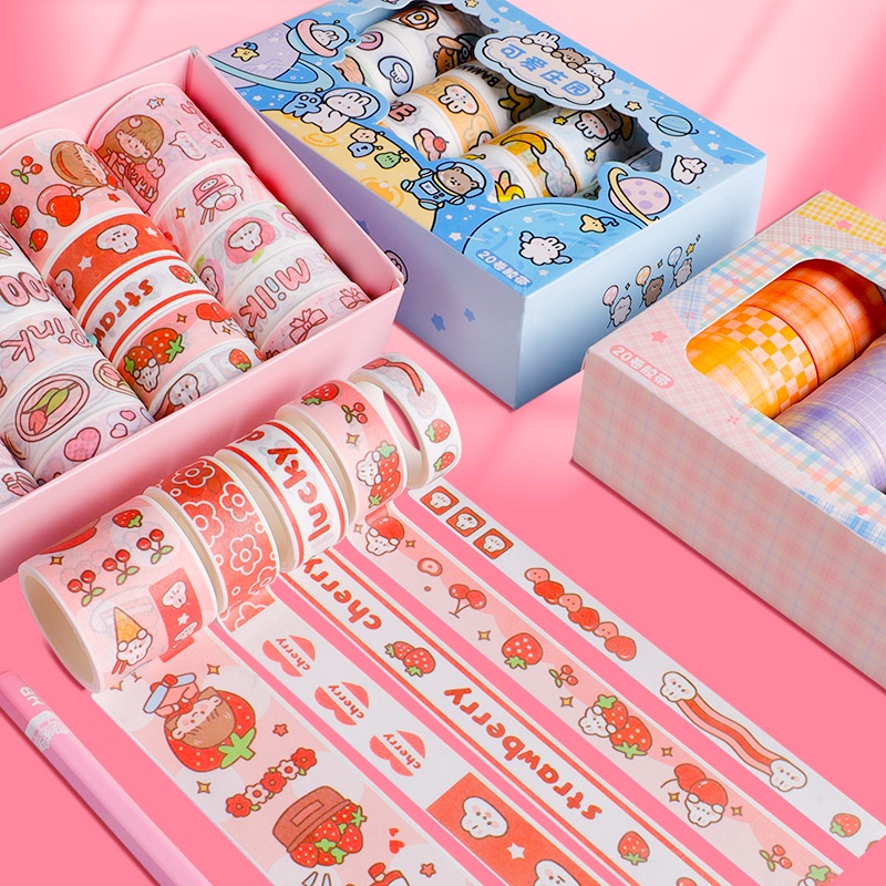 20roll/box Kartun Gadis Washi Tape Set Lucu Kartun Tangan Akun Stiker Hias Tape Perlengkapan Alat Tulis