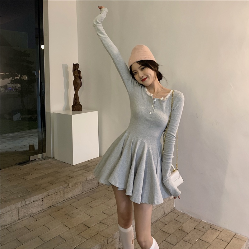 Red Design sense niche black slim long-sleeve dress female spring small a-line short skirt waist slimming skirt