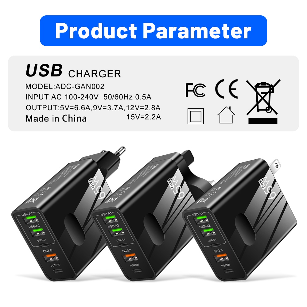 65w GaN USB travel Charger Quick Charging Type C 2PD+3USB Adaptor Dinding Pengisian Cepat Untuk i-Phone Android Adoptor Charger