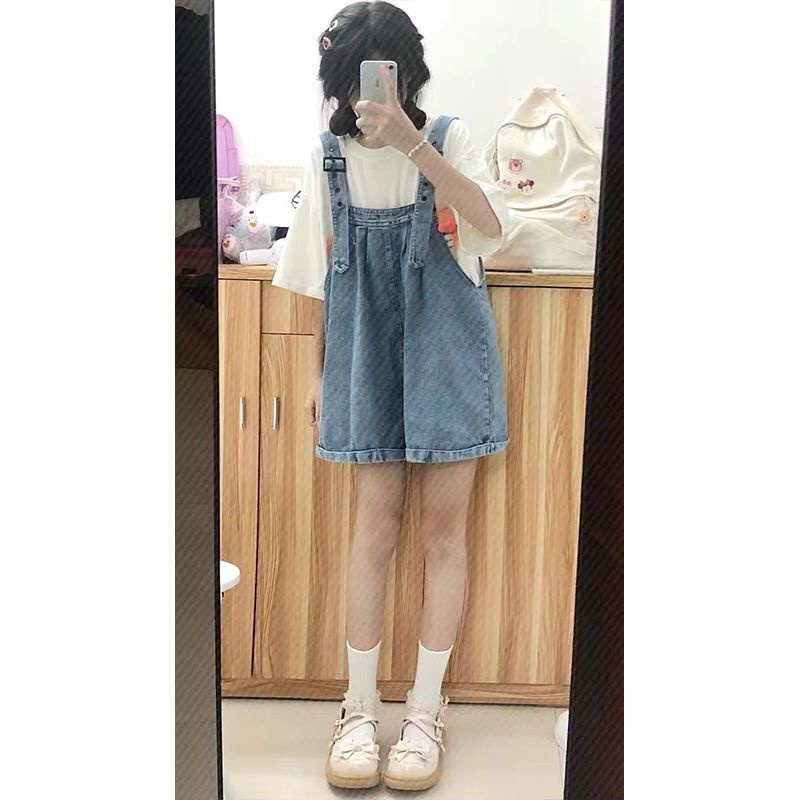 Red Denim overall wanita musim panas bagian tipis garam kecil seri ceruk desain rasa celana pendek lebar kaki kasual retro longgar