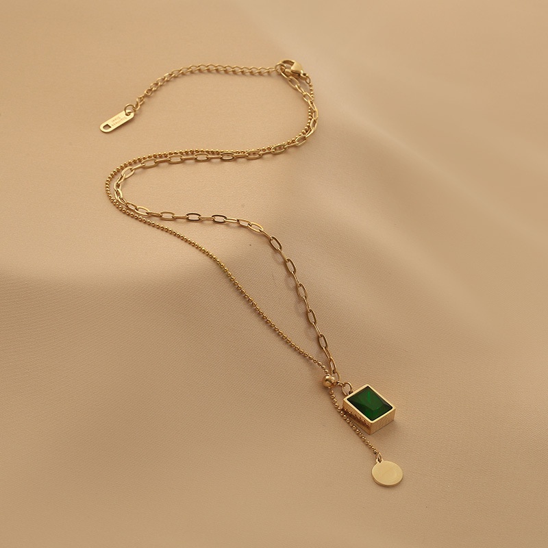 Rinhoo Baja titanium Persegi Zamrud Potongan Bulat Rumbai Liontin Kerah Rantai Kalung Wanita Yang Modis Dan Elegan Liontin Kalung