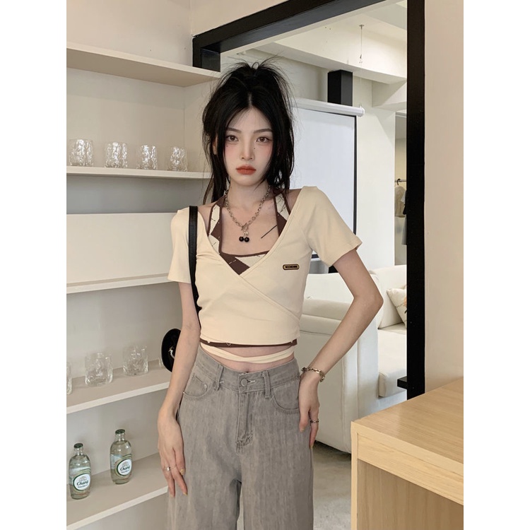 Red Musim panas baru manis keren hot girl style V-neck strap short top + plaid hanging neck vest slim fit and thin suit female