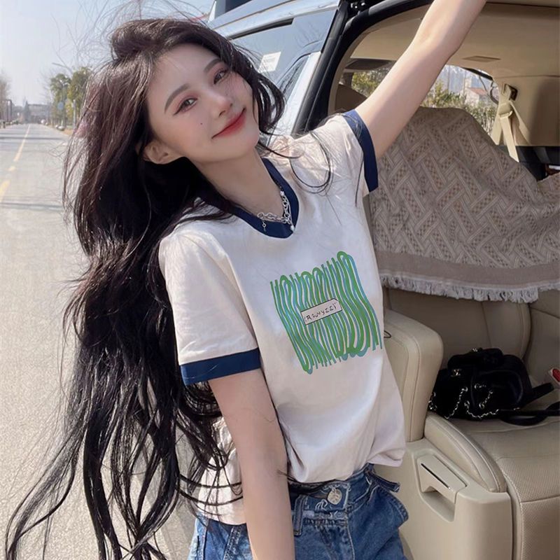 Red 2022 Musim Panas Baru Putih Lengan Pendek T-shirt Wanita Bahu Depan Katun Murni Longgar All-Match Warna Kontras Geometris setengah Lengan T-shirt Tide