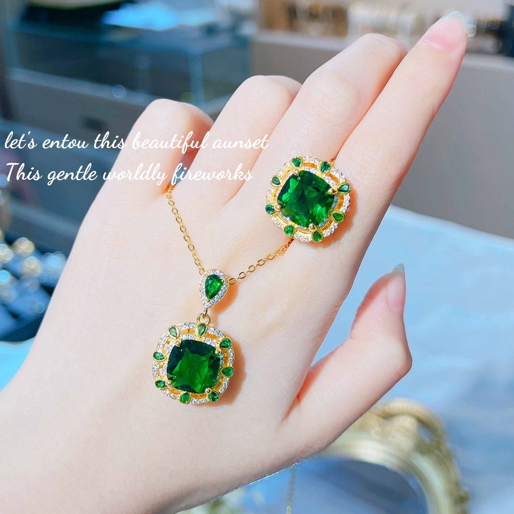 Goldkingdom Fashion Perhiasan Aksesoris Ready Stock Gaya Cina Baru Desain Simulasi Zamrud Set Perhiasan Fanta Paparadaccia Kalung Terbuka Cincin Anting