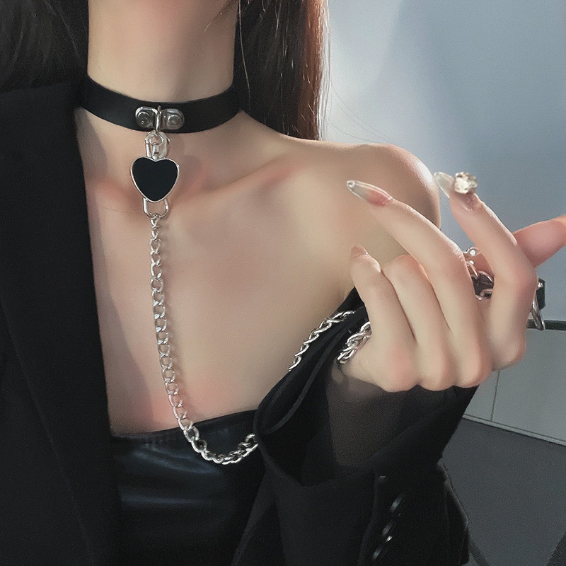 Harajuku Seksi Kulit PU Cinta Hati Liontin Choker Traksi Tali Logam Link Rantai Kalung Pesta Perhiasan Accossories