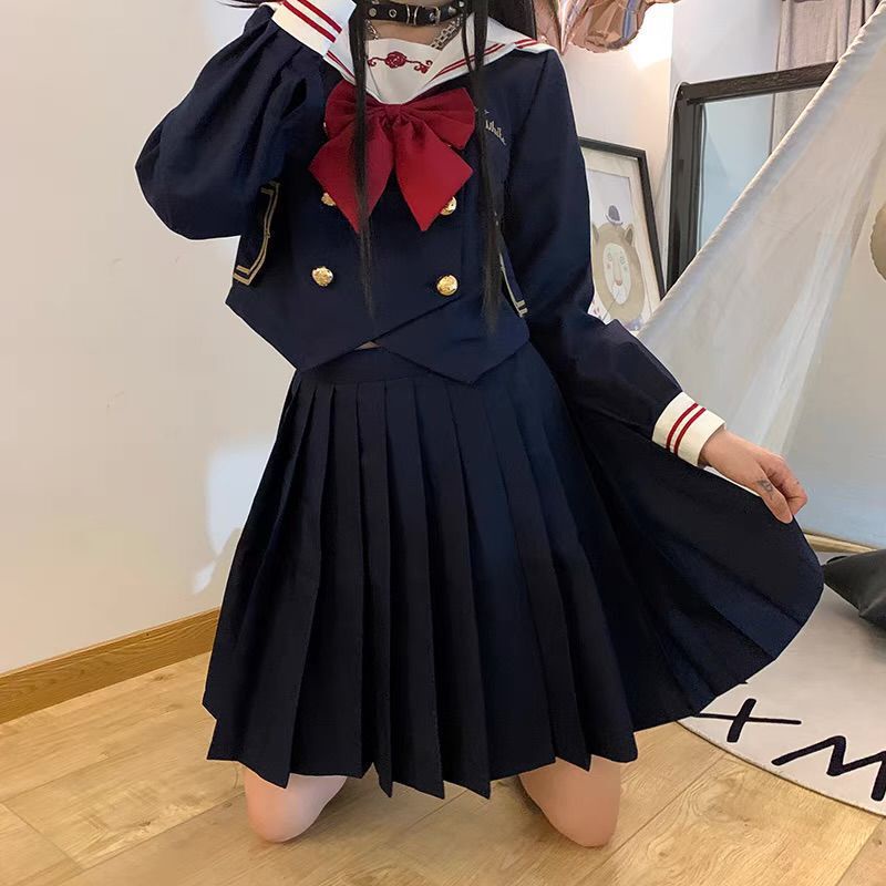 Women Girl Jk Uniform Skirt Suit Bow Sailor Uniform Pleated Skirt Navy Costume Japanese Student Scho