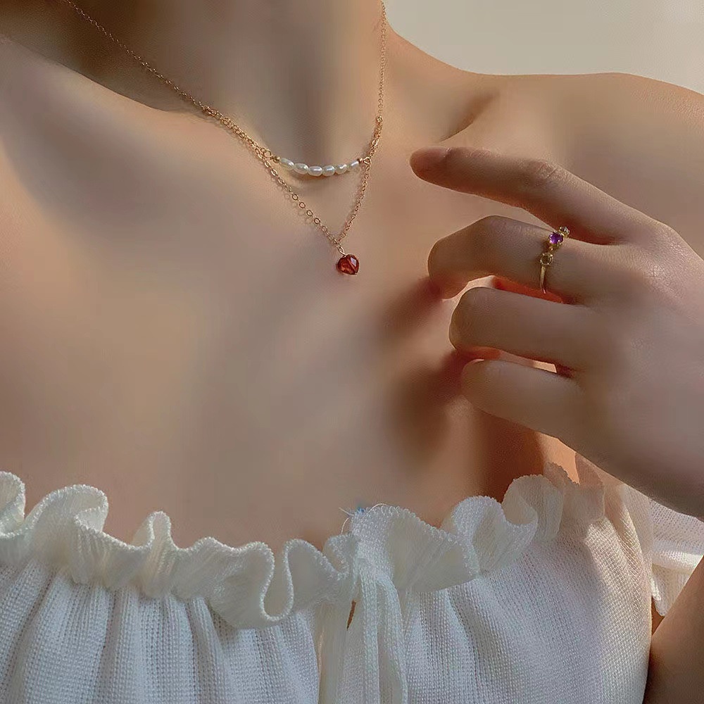 Rinhoo Fashion Wanita Delima Love Liontin Kalung Mutiara Necklace Gold Ukuran44+5cm