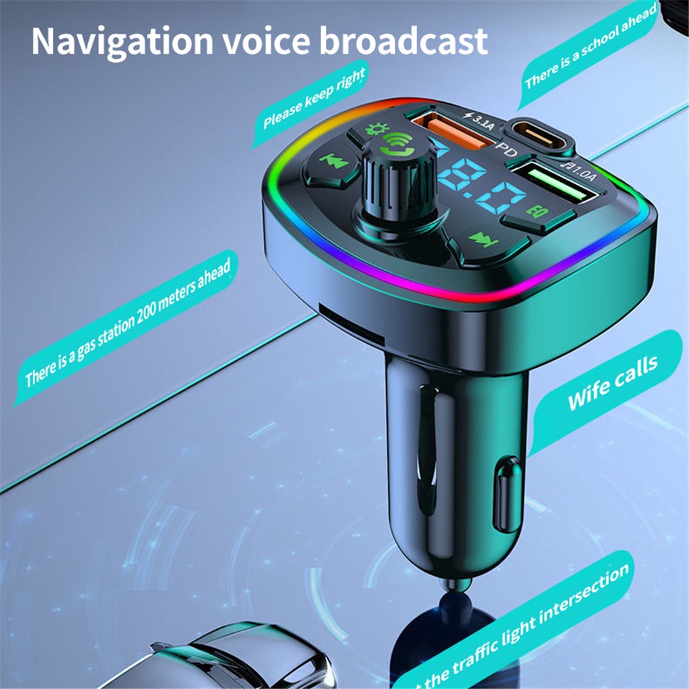 Pemancar FM Bluetooth 5.0 Mobil PD 18W, Pengisi Daya Cepat USB Ganda Tipe-c 4.2A, Lampu Latar LED