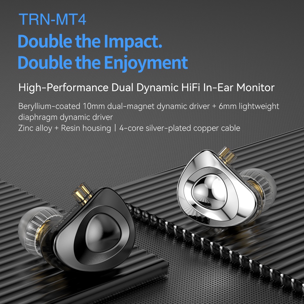 Trn MT4 2DD HiFi In Ear Earphone Bass Performa Tinggi Dual Dynamic Drivers Earbuds DJ Sport Game Headphone Untuk MT1 VX V90