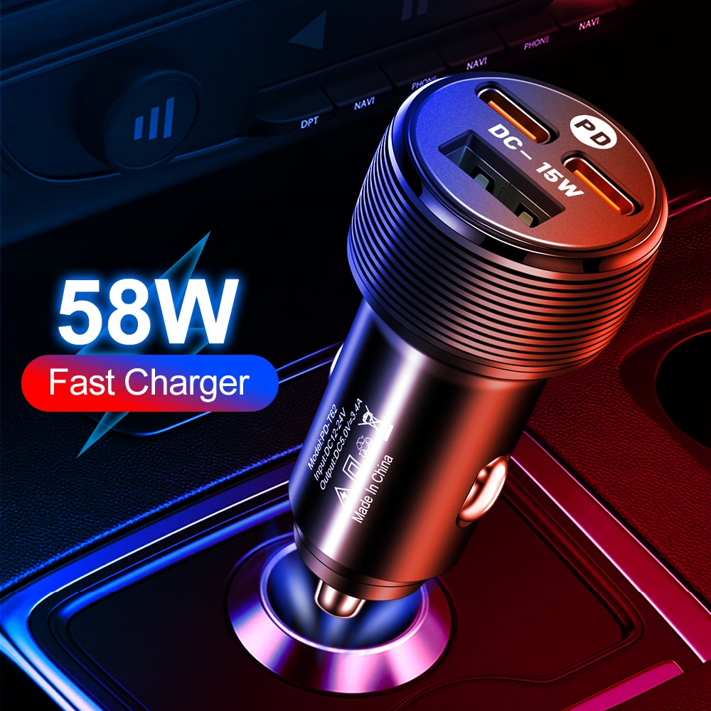 3A Car Charger USB + 2PD Mobile Phone Adapter 45W USB C Car Charger Fast Charging QC3.0 Dual PD Charge For i-phone Type C Android