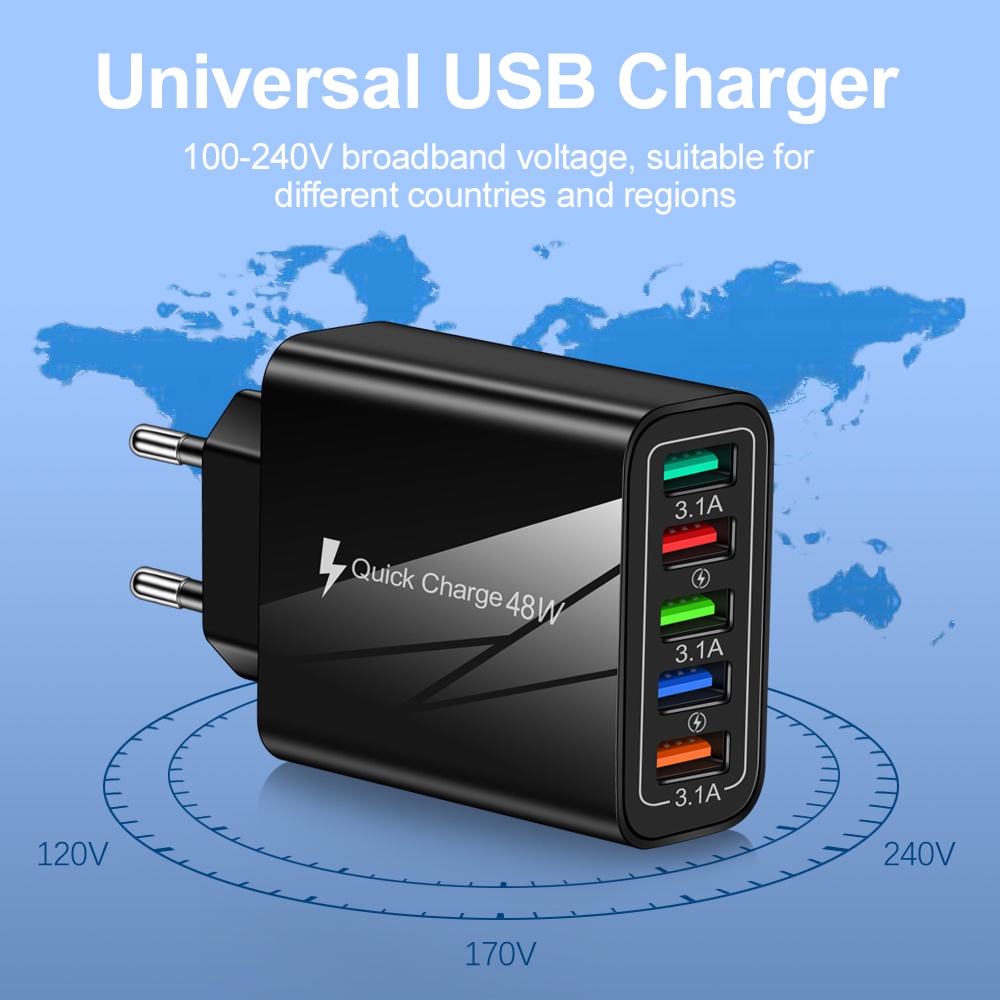 Grosir 48W Bercahaya 5USB Ponsel Charger LED Dinding Charger EU/US/UK 5USB Port Charger 3.1A Anti-Jatuh Perjalanan Charger