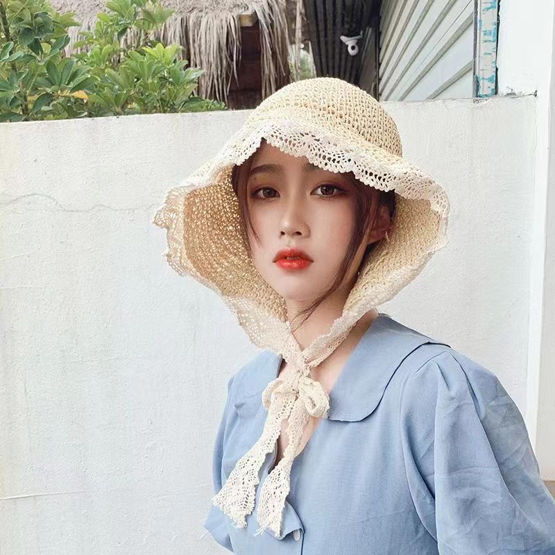 Topi Pantai Model Nelayan Bahan Jerami Aksen Renda Gaya Korea Untuk Wanita