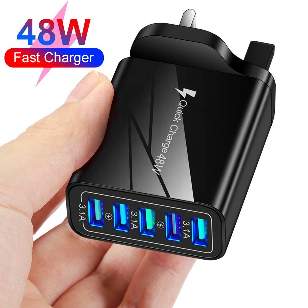 Grosir 48W Bercahaya 5USB Ponsel Charger LED Dinding Charger EU/US/UK 5USB Port Charger 3.1A Anti-Jatuh Perjalanan Charger