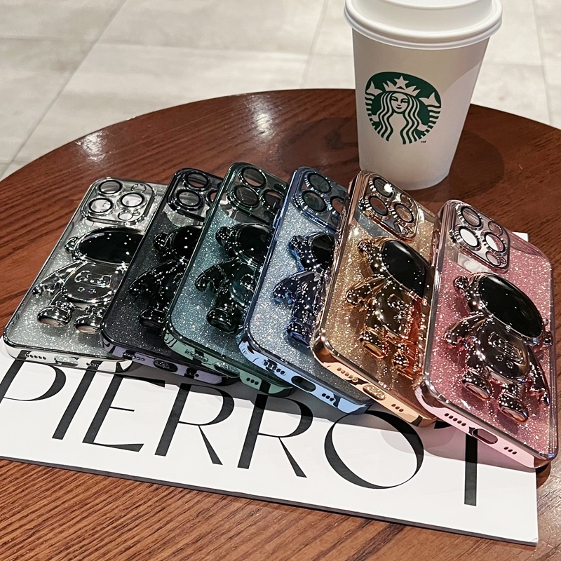 IPHONE Casing Stand Holder Astronot Glitter 3D Mewah Untuk Iphone14 13 11 12 Pro Max Mini X XS Max XR 78 Plus SE 2020 Silikon Cover