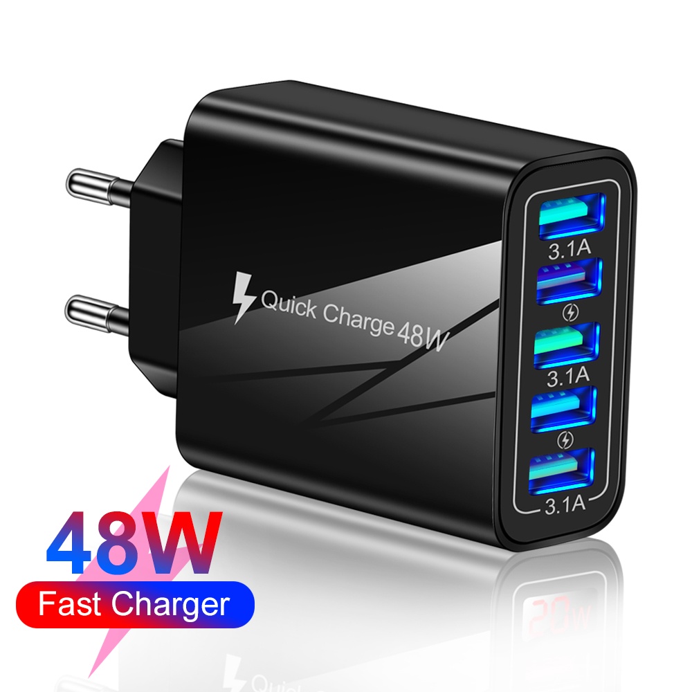 Grosir 48W Bercahaya 5USB Ponsel Charger LED Dinding Charger EU/US/UK 5USB Port Charger 3.1A Anti-Jatuh Perjalanan Charger