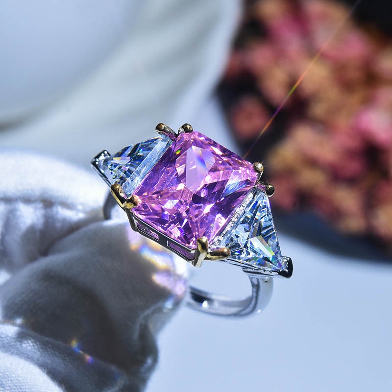 Goldkingdom Fashion Perhiasan Aksesoris Ready Stock Super Berkilau Putri Cincin Persegi Merah Muda Zirkon Delapan Hati Delapan Panah Imitasi Mosan Berlian Terbuka Cincin Untuk Wanita