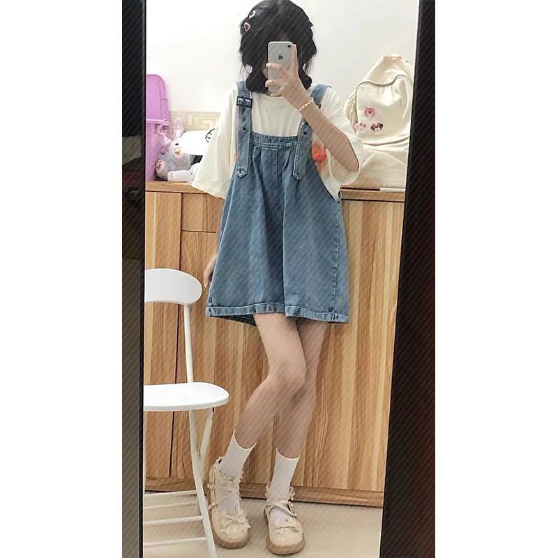 Red Denim overall wanita musim panas bagian tipis garam kecil seri ceruk desain rasa celana pendek lebar kaki kasual retro longgar