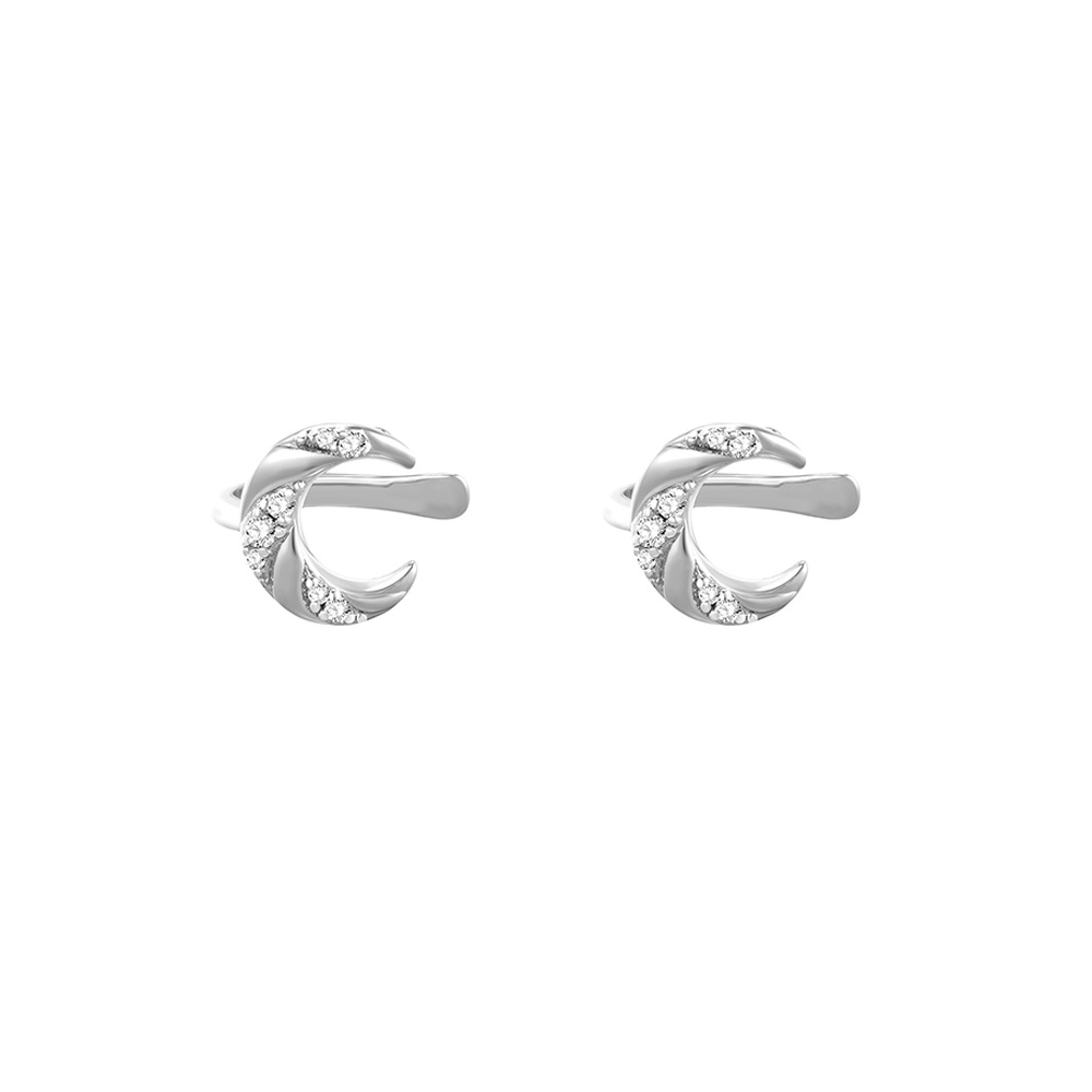 Anting Klip Bulan Geometris Berlian Imitasi Untuk Wanita Non Tindik Warna Silver Perhiasan Ear Cuff