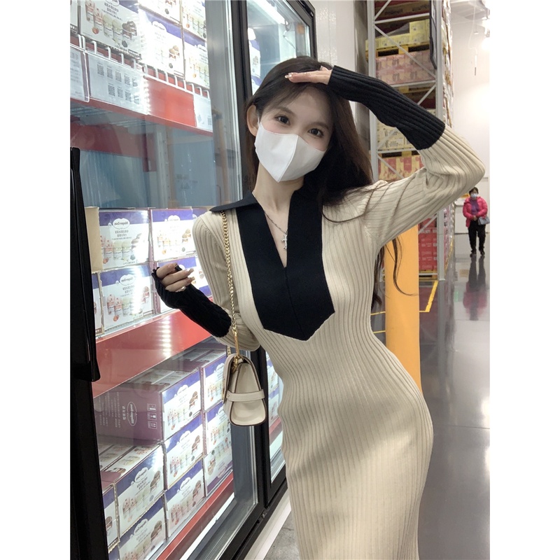 Red kumikumi color matching design sense knitted dress women s spring temperament waist bag hip skirt with bottoming skirt