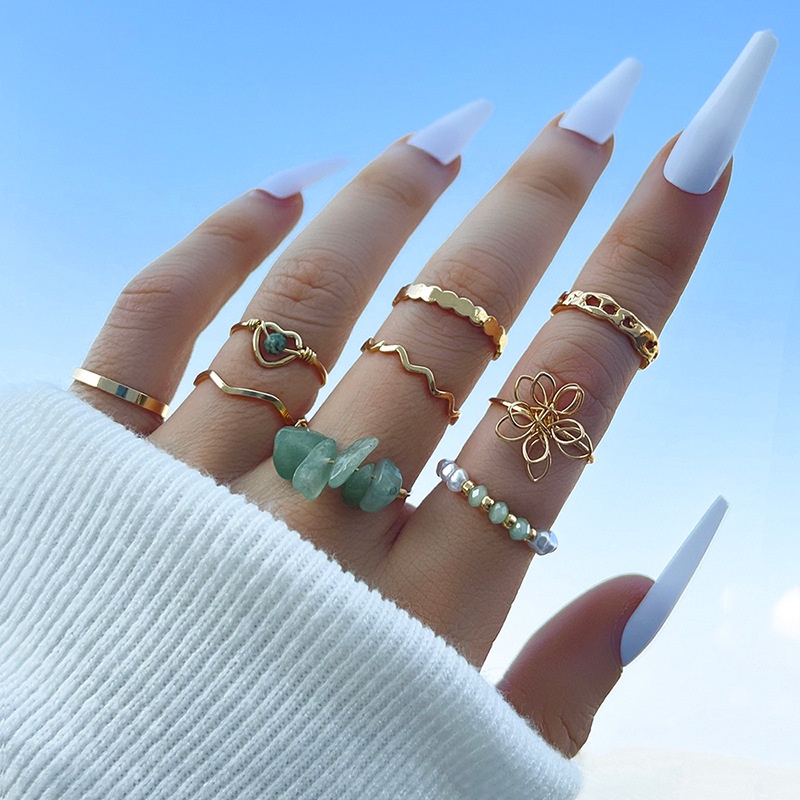 9pcs/set Bohemian Fashion Style Cincin Manik-Manik Kristal Hollow Bunga Hati Hijau Batu Alam Rings Jewelry Untuk Wanita