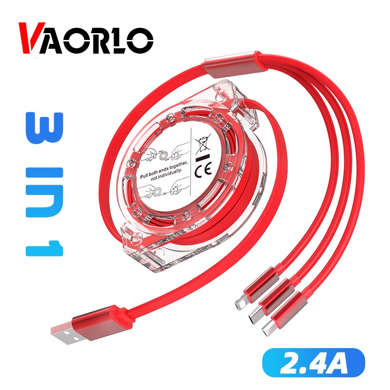 Vaorlo Kabel Cas 3in1 Charge USB Yang Dapat Ditarik Untuk XiaoMi HuaWei Samsung 2.4A Fast Charging Portable Charging Cable