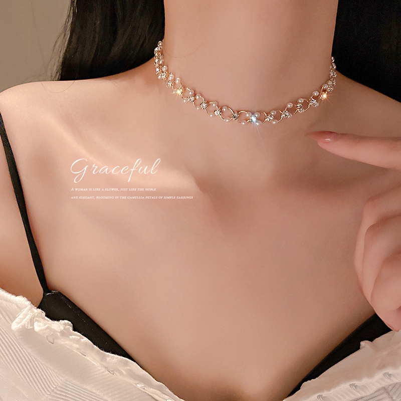 IFYOU Kalung Klavikula Emas Sederhana Choker Rantai Kristal Mutiara Untuk Aksesoris Perhiasan Wanita