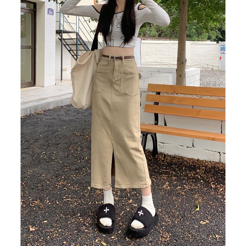 Red Rok Perkakas Celah Retro Wanita Temperamen Khaki Musim Gugur Lurus A-line Rok Pinggang Tinggi Ramping Rok Panjang Sedang