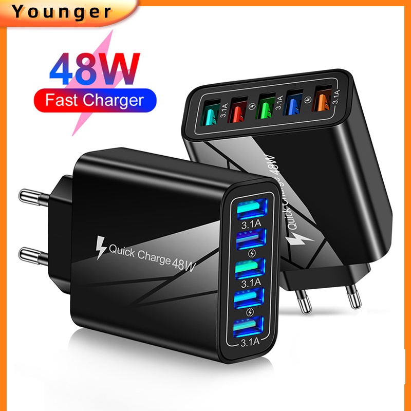 Grosir 48W Bercahaya 5USB Ponsel Charger LED Dinding Charger EU/US/UK 5USB Port Charger 3.1A Anti-Jatuh Perjalanan Charger