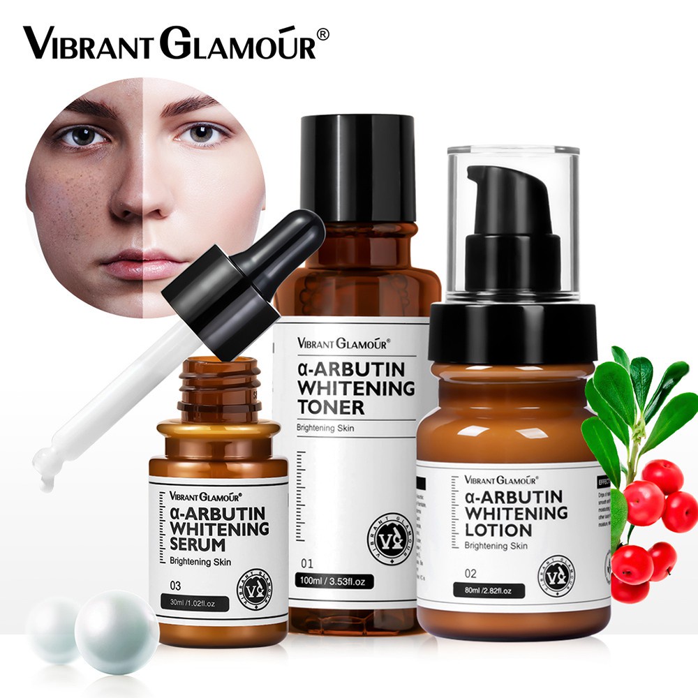 VIBRANT GLAMOUR α-Arbutin Whitening Skin Care Set Serum +Toner + Lotion Niacinamide 10% Mencerahkan Memudarkan Flek Hitam Melasma dan Anti-Aging Pemutih Wajah