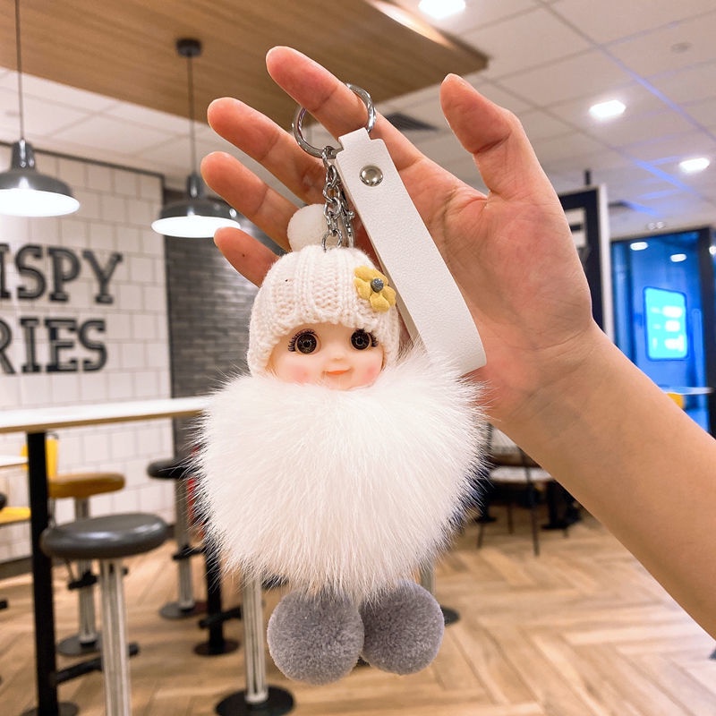 Lucu Ekspresi Wajah Bayi Pompom Gantungan Kunci Real Fox Bulu Liontin Untuk Wanita Tas Gantungan Kunci Mobil Hadiah Pacar Pesona Key Chain