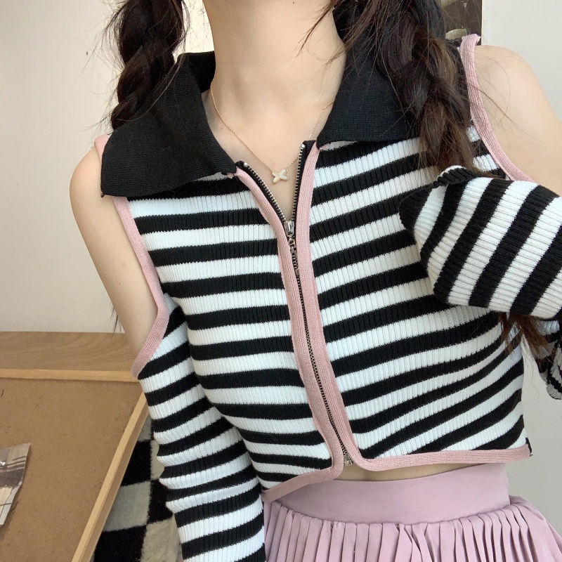 Red Gadis seksi retro bergaris off-shoulder lengan panjang rajutan cardigan wanita musim panas rasa desain niche slim fit all-match atasan pendek