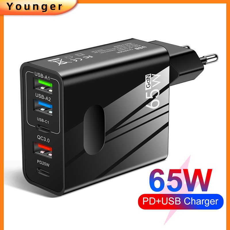 65w GaN USB travel Charger Quick Charging Type C 2PD+3USB Adaptor Dinding Pengisian Cepat Untuk i-Phone Android Adoptor Charger