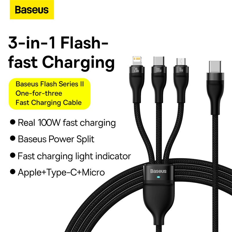 Baseus 3IN1 100W Kabel Data Baseus Flash Series Fast Charging Micro Lightning Iphone Type C